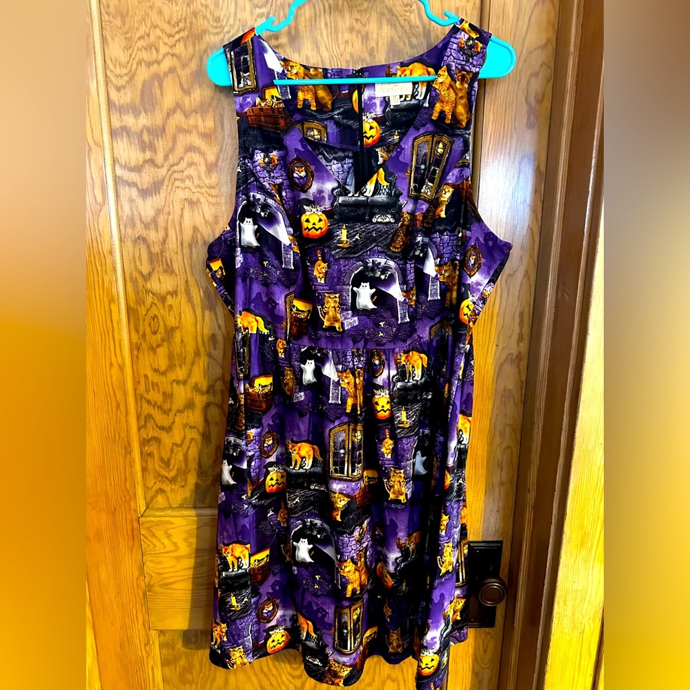 ModCloth Halloween Dress Spooky Cat Pumpkin Print Sleeveless fit & flare Dress